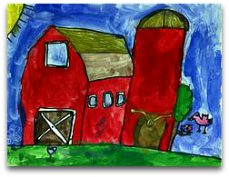 Childrens' drawing of red barn & silo